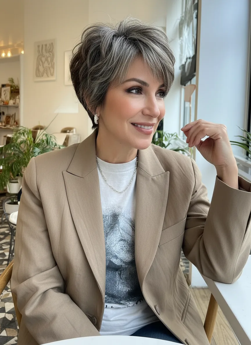 Voluminous Ash Grey Textured Pixie with Side Bangs
